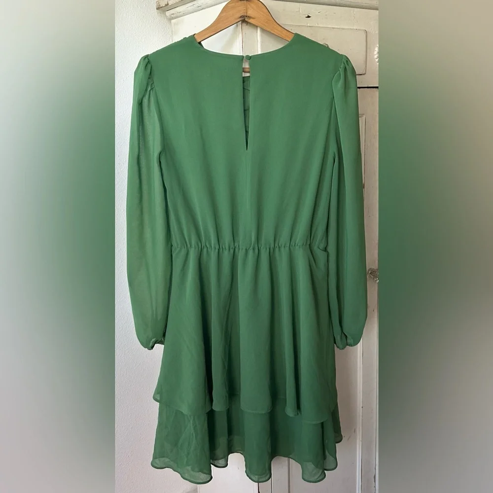 Alexia Admor | Women’s Green Long Sleeve Crewneck Chiffon Balia Mini Dress Sz 2